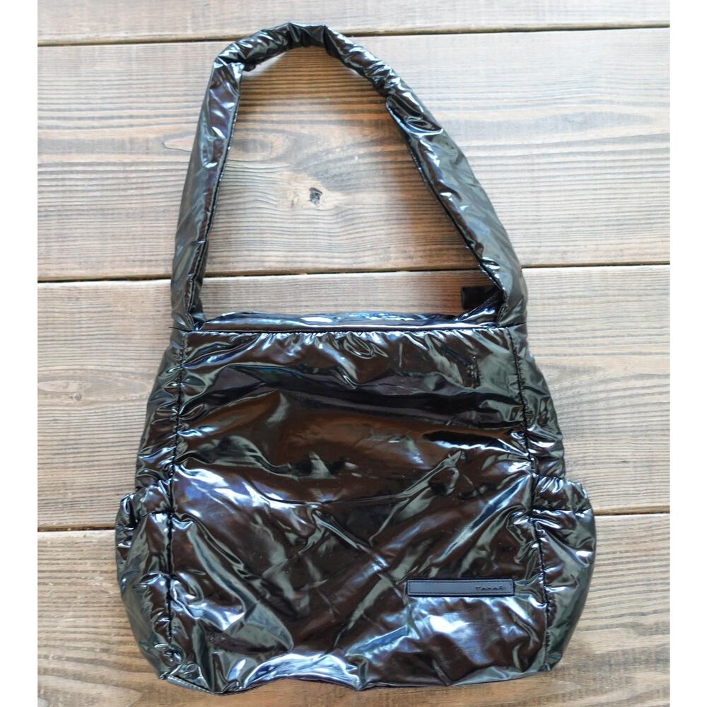 TAHARI Shoulder Bag Womens Black Glossy Quilted Puffer Tote Hobo Zip Top Pockets